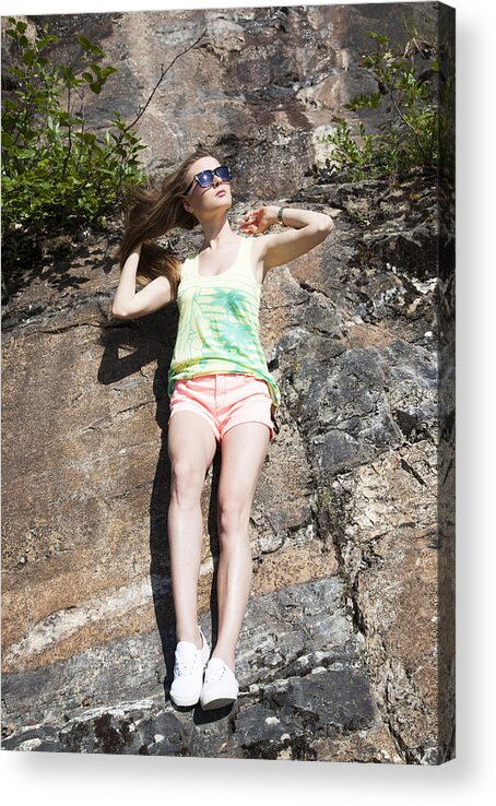Girl Acrylic Print featuring the photograph Hanging On The Rock by Ramunas Bruzas