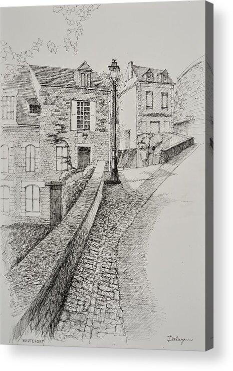 France Acrylic Print featuring the drawing Hautefort Wall Freehand Ink Sketch by Dai Wynn