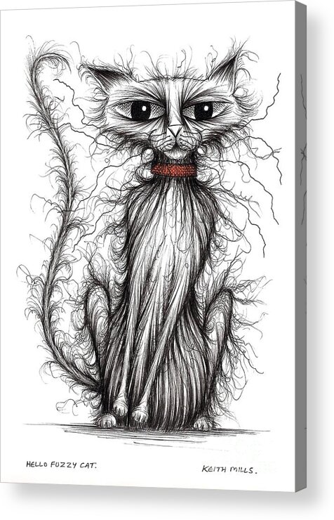 Hello Fuzzy Cat Acrylic Print featuring the drawing Hello Fuzzy cat by Keith Mills