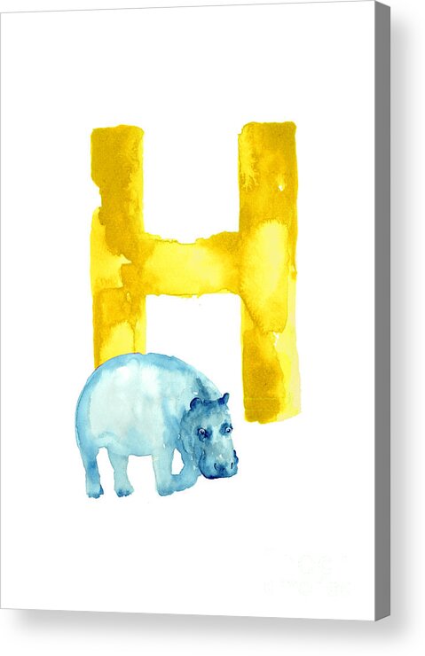 Blue Acrylic Print featuring the painting Hippo watercolor alphabet drawing by Joanna Szmerdt