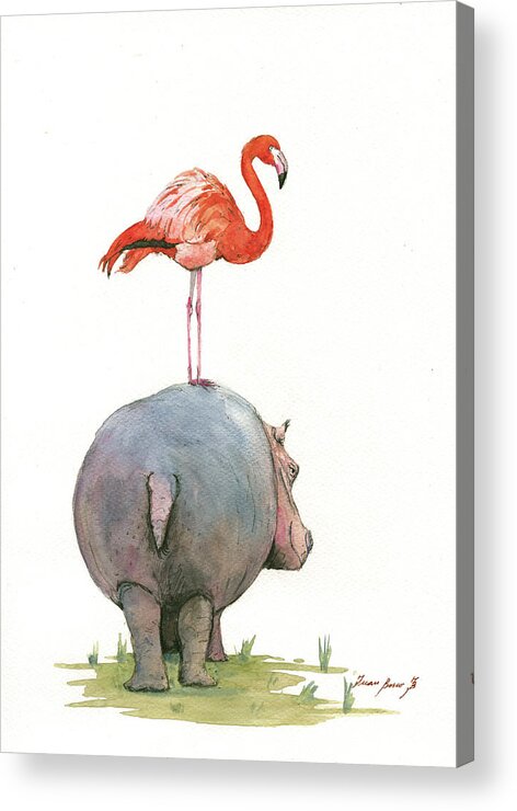 Hippo Art Acrylic Print featuring the painting Hippo with flamingo by Juan Bosco