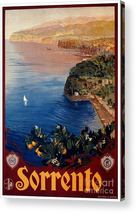 Vintage Acrylic Print featuring the digital art Italy Sorrento Bay of Naples vintage Italian travel advert by Heidi De Leeuw