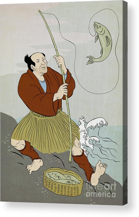 Japanese Acrylic Print featuring the digital art Japanese fisherman fishing catching trout fish by Aloysius Patrimonio
