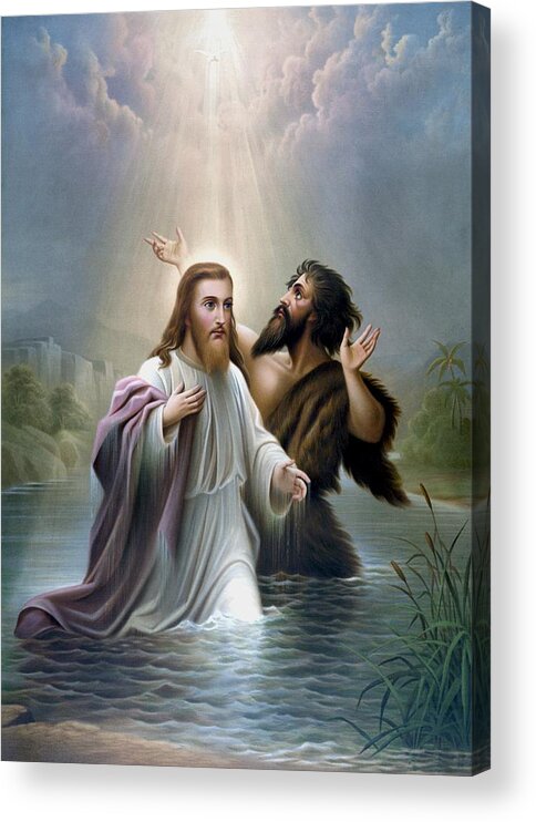 Jesus Acrylic Print featuring the painting John the Baptist baptizes Jesus Christ by War Is Hell Store