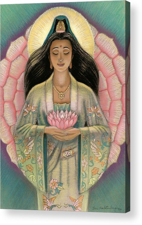 Kuan Yin Acrylic Print featuring the painting Kuan Yin Pink Lotus Heart by Sue Halstenberg