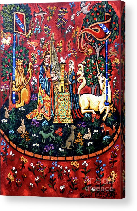 Lady And The Unicorn Tapestries Acrylic Print featuring the painting Lady And The Unicorn Sound by Genevieve Esson
