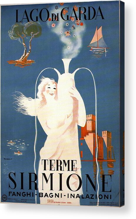 Sirmione Acrylic Print featuring the mixed media Lago Di Garda - Terme Sirmione, Italy - Retro travel Poster - Vintage Poster by Studio Grafiikka