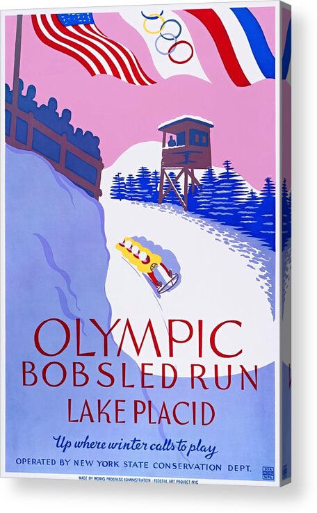 Olympic Bobsled Acrylic Print featuring the painting Lake Placid Olympic bobsled run, poster 1937 by Vincent Monozlay
