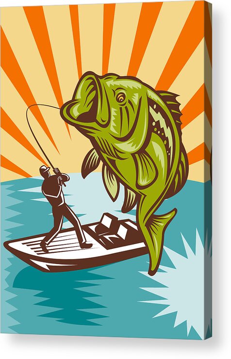 Largemouth Acrylic Print featuring the digital art Largemouth Bass Fish and Fly Fisherman by Aloysius Patrimonio