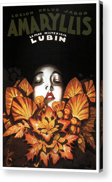 Lubin Flower Acrylic Print featuring the mixed media Locion Polvo Jabon Amaryllis - Vintage Lotion Advertising Poster by Studio Grafiikka