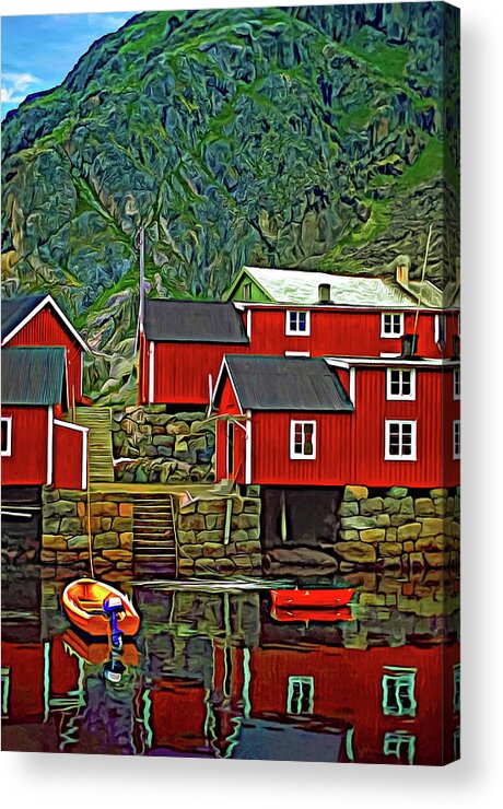 Lofoten Acrylic Print featuring the photograph Lofoten Fishing Huts - Paint 3 by Steve Harrington
