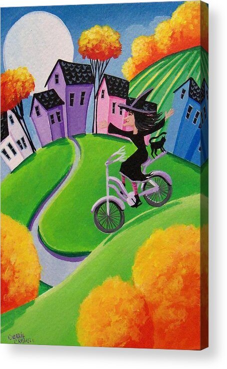 Witch Acrylic Print featuring the painting Look No Hands  witch cat ridng bike by Debbie Criswell