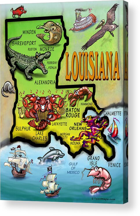 Louisiana Acrylic Print featuring the digital art Louisiana Cartoon Map by Kevin Middleton