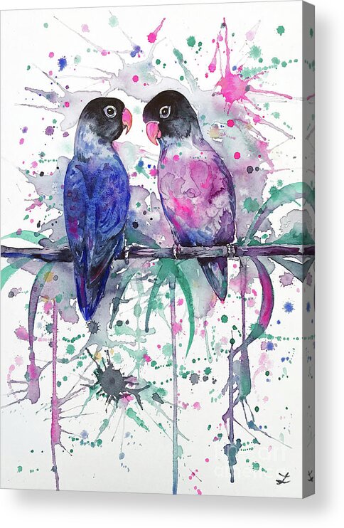Lovebirds Acrylic Print featuring the painting Love Is In The Air. Lovebirds by Zaira Dzhaubaeva