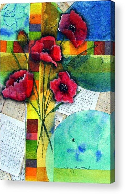 Poppies Abstract Red Collage Papers Acrylic Watercolor Acrylic Print featuring the painting Love Letters by Terry Honstead