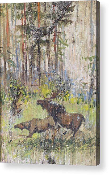 Moose Acrylic Print featuring the painting Moose Couple in the Wood by Ilya Kondrashov