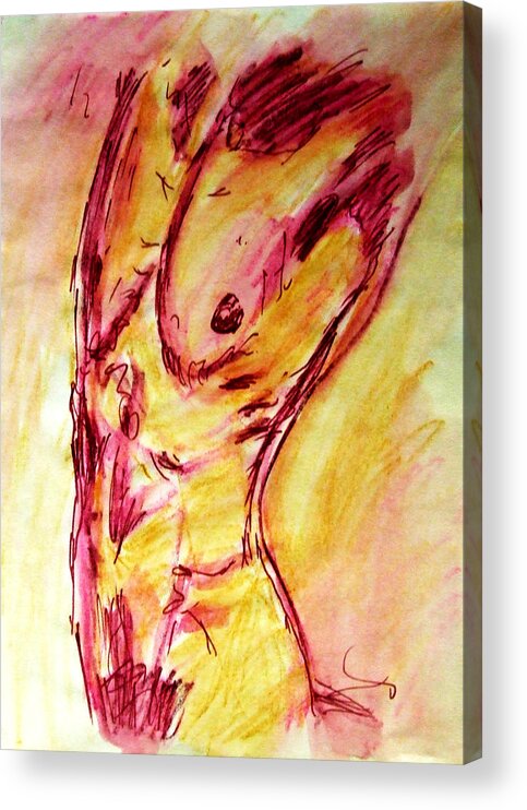 Muscle Acrylic Print featuring the painting Muscled Male Nude Arched Back in a Classic Erotic Model Pose in Watercolor Purple and Yellow Sketch by M Zimmerman