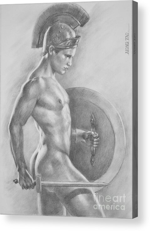 Original Sketch Acrylic Print featuring the painting Original Drawing Sketch Charcoal Male Nude Gay Man Art Pencil On Paper-073 by Hongtao Huang