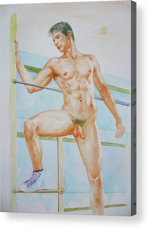 Watercolour Acrylic Print featuring the painting Original Watercolour Painting Art Male Nude Boy On Paper #16-3-10 by Hongtao Huang