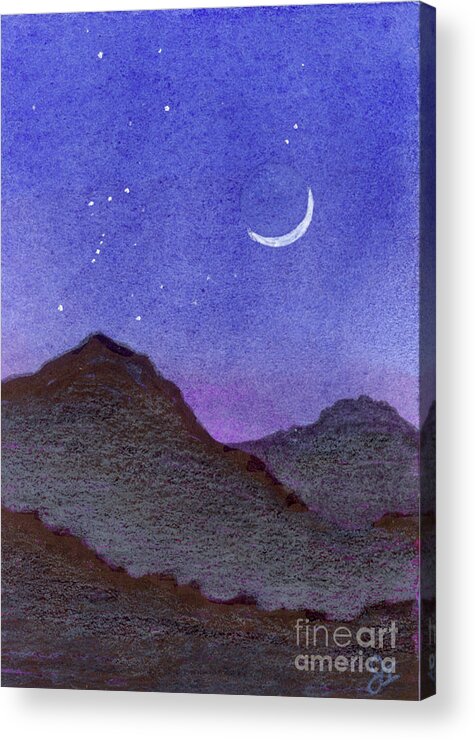 Watercolor Acrylic Print featuring the painting Orion and Crescent Moon Mountains by Jackie Irwin