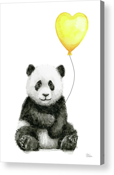 Baby Panda Acrylic Print featuring the painting Panda Baby with Yellow Balloon by Olga Shvartsur
