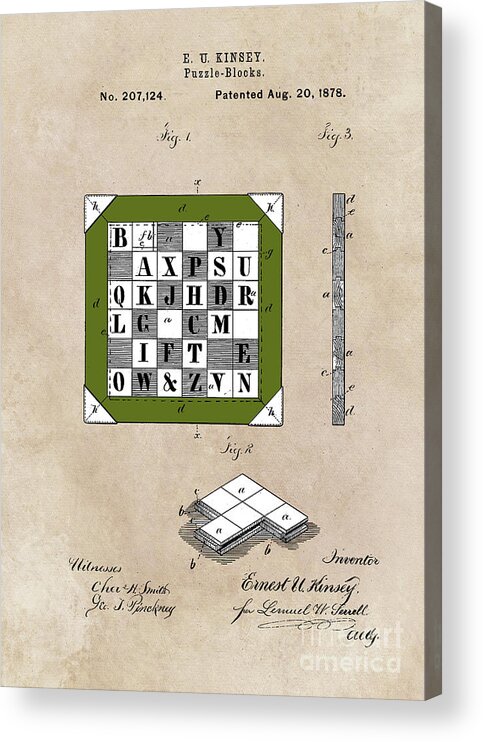 Patent Art Acrylic Print featuring the digital art patent Kinsey Puzzle Blocks 1878 by Justyna Jaszke JBJart