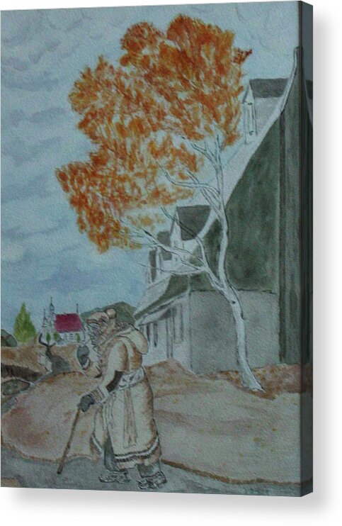 Watercolor Reproduction Pepe Acrylic Print featuring the painting Pepe walking to Church in St Famille I'le Orleans by Imagery-at- Work