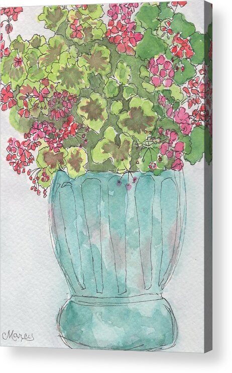 Watercolor Acrylic Print featuring the painting Pink Geraniums by Marcy Brennan