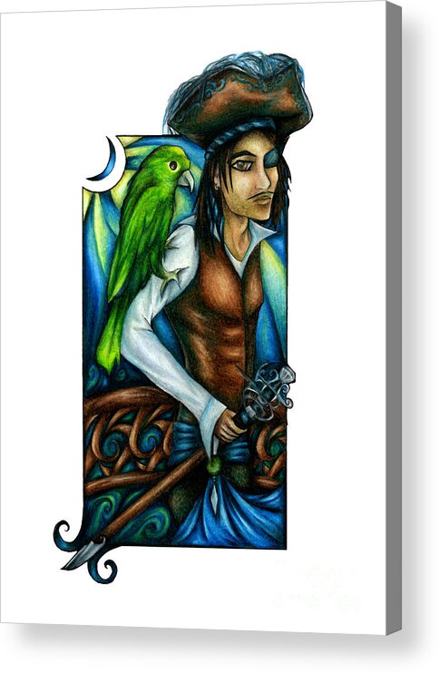 Pirate Art Acrylic Print featuring the drawing Pirate With Parrot Art by Kristin Aquariann