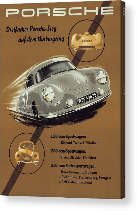 Porsche Acrylic Print featuring the digital art Porsche Nurburgring 1950s vintage poster by Georgia Fowler