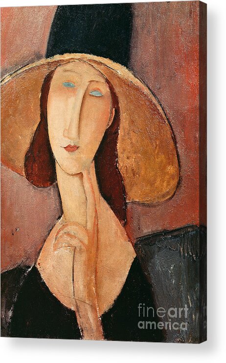 Portrait Acrylic Print featuring the painting Portrait of Jeanne Hebuterne in a large hat by Amedeo Modigliani