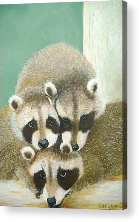 Racoon Acrylic Print featuring the painting Racoons by Jean Yves Crispo