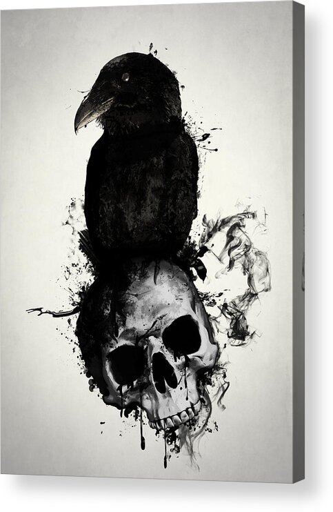 Raven Acrylic Print featuring the mixed media Raven and Skull by Nicklas Gustafsson