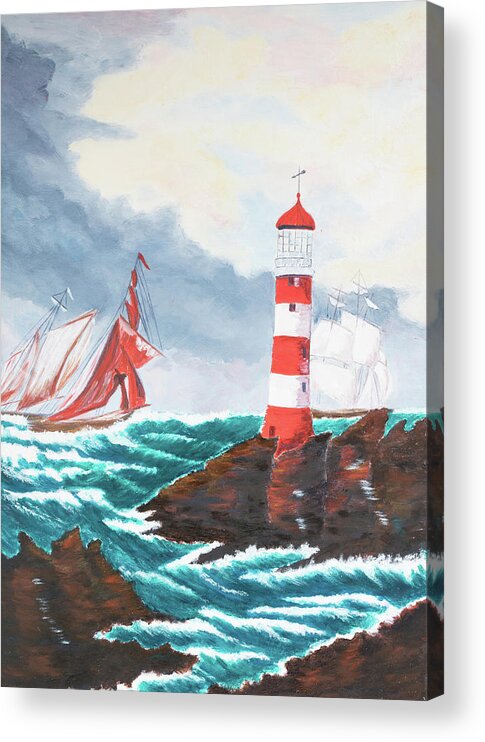 Balener Acrylic Print featuring the painting Sailing Past the Lighthouse by Laura Richards