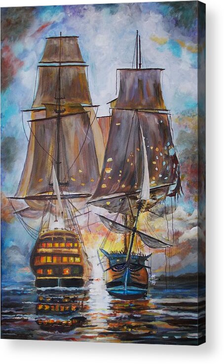 History Acrylic Print featuring the painting Sailing Ships at War. by Mike Benton