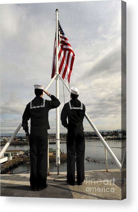 Us Navy Acrylic Print featuring the photograph Sailors Raise The National Ensign by Stocktrek Images