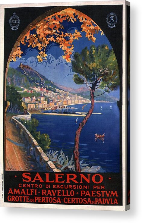 Salerno Acrylic Print featuring the mixed media Salerno - Centro Di Escursioni Per Amalfi - Ravello - Paestvm - Retro travel Poster - Vintage Poster by Studio Grafiikka