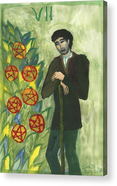 Tarot Acrylic Print featuring the painting Seven of Pentacles Illustrated by Sushila Burgess