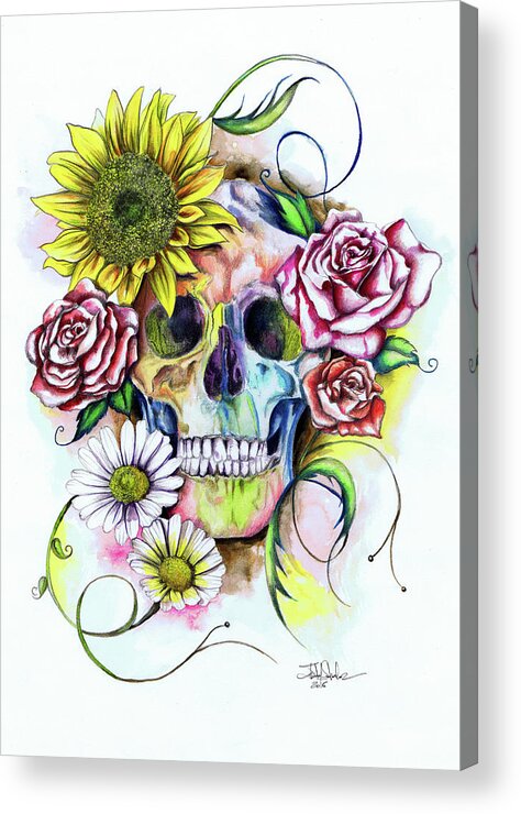 Skull Acrylic Print featuring the painting Skull and flowers by Isabel Salvador