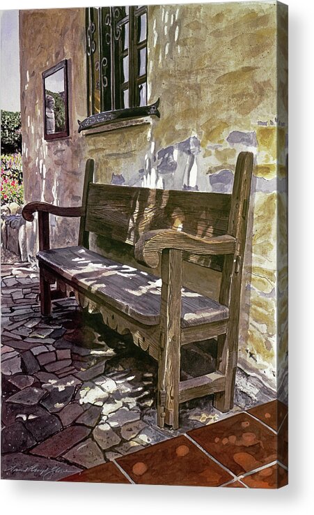 Wood Bench Acrylic Print featuring the painting Spanish Bench, Mission Carmel by David Lloyd Glover