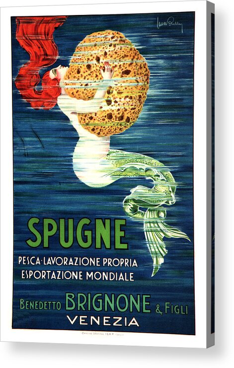 Vintage Acrylic Print featuring the mixed media Spugne - Mermaid - Brignone Bath Sponge - Vintage Advertising Poster by Studio Grafiikka