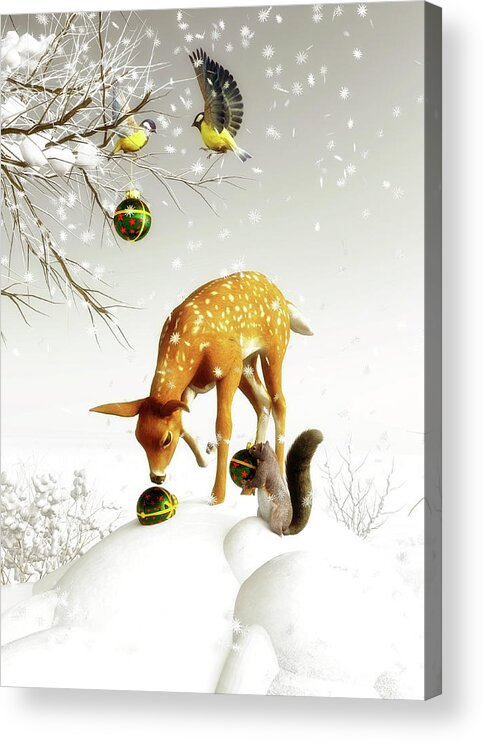 Balls Acrylic Print featuring the painting Squirrels and deer Christmas time by Jan Keteleer