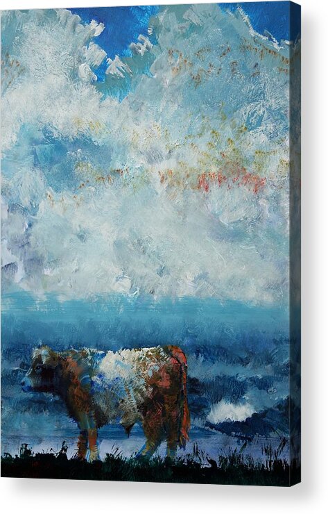 Belted Galloway Cows Acrylic Print featuring the painting Storms Coming - Belted Galloway Cow Under a Colorful Cloudy Sky by Mike Jory