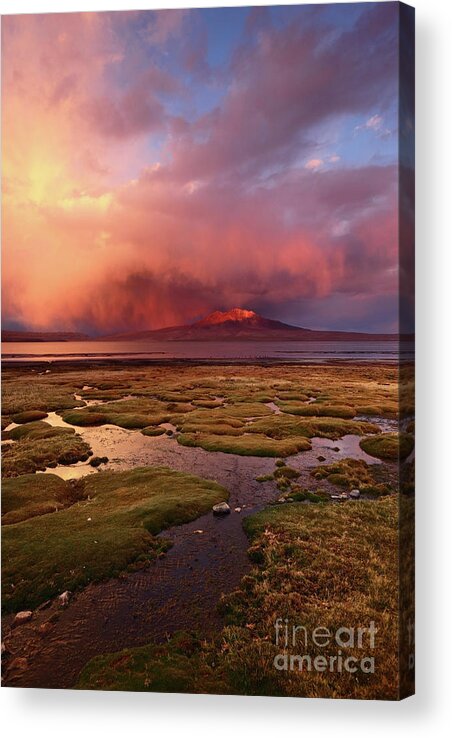 Chile Acrylic Print featuring the photograph Stormy Sunset Over Bofedales and Lake Chungara Chile by James Brunker