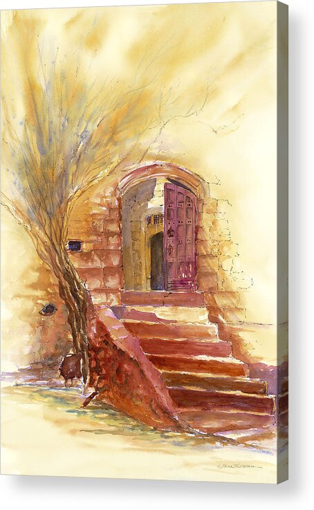 Watercolor Acrylic Print featuring the painting Storybook Stairs by Tara Moorman