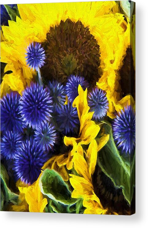 Flower Acrylic Print featuring the digital art Sunflowers and Globe Thistles by Charmaine Zoe