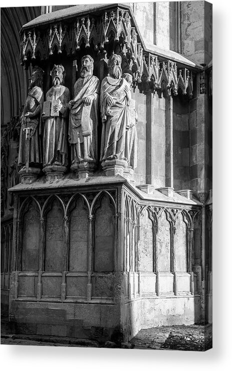 Joan Carroll Acrylic Print featuring the photograph Tarragona Spain Cathedral Statues BW by Joan Carroll