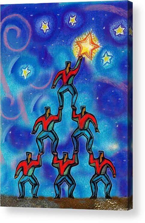 Accomplishment Achievement Adjusting Alliance Ambition Aspiration Aspire Assisting Balance Building Co-worker Collaboration Colleague Color Color Image Colour Computer Graphic Cooperation Full Length Graphic Design Group Help Helping Imagination Initiative Inspiration Inspiring Male Man Medium Group Of People Monument Night Nighttime Only Men Opportunity Partnership People Person Possibility Reach Reaching Resolution Standing Star Strength Structure Success Support Supporting Team Teamwork Acrylic Print featuring the painting Teamwork #1 by Leon Zernitsky