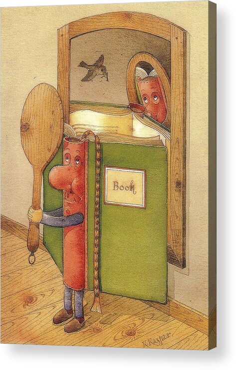 Book Mirror Bird Reading Acrylic Print featuring the painting The Book reading himself by Kestutis Kasparavicius