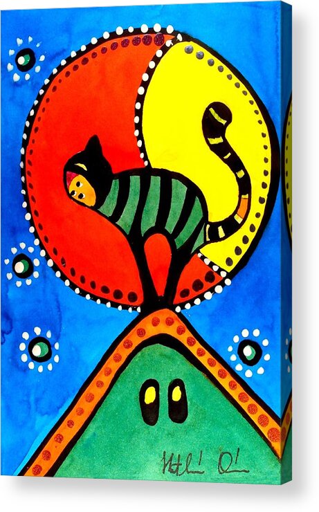 For Kids Acrylic Print featuring the painting The Cat and the Moon - Cat Art by Dora Hathazi Mendes by Dora Hathazi Mendes
